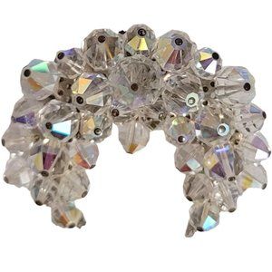 Silver Tone AB Cluster Beaded Crescent Moon Style Brooch Pin E20